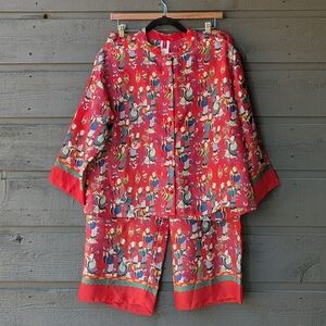 VTG 90s Josie Natori Red Asian 2 Piece Pajama Set Size Small Mandarin Collar